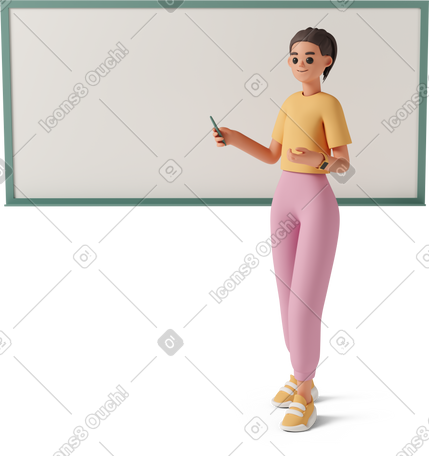 3D 站在白板旁边解释课程材料的年轻女子 PNG, SVG