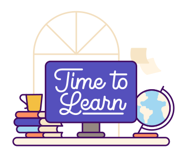 Schriftzug „time to learn“ mit büchern und globustext PNG, SVG