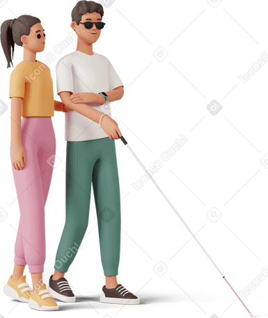 3D young blind boy and young girl walking PNG, SVG