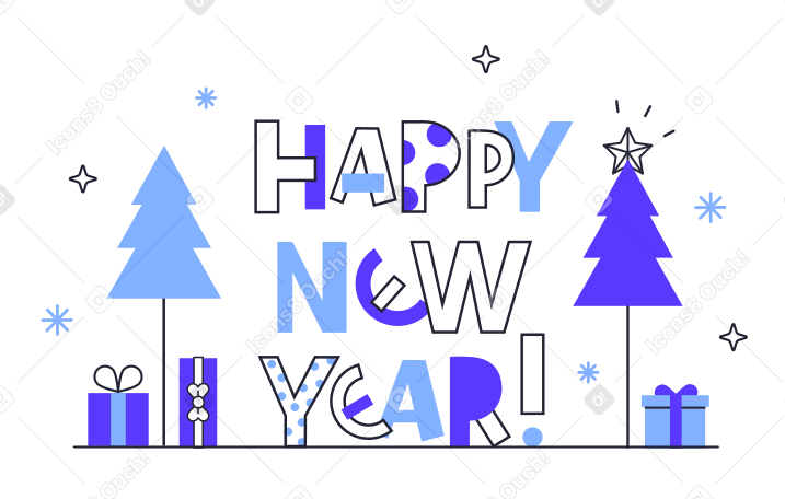 Happy New Year text and Christmas trees with gifts Illustration in PNG, SVG