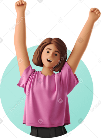 3D joyful woman raises her fists up в PNG, SVG