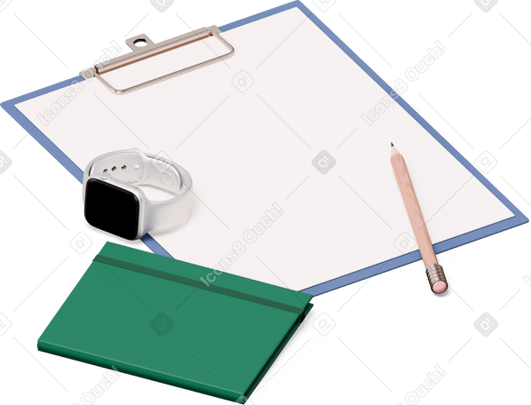 3D isometric view of clipboard, smartwatch, pencil PNG, SVG