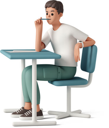 Vue latérale d'un jeune homme assis au bureau avec un stylo et pensant PNG, SVG