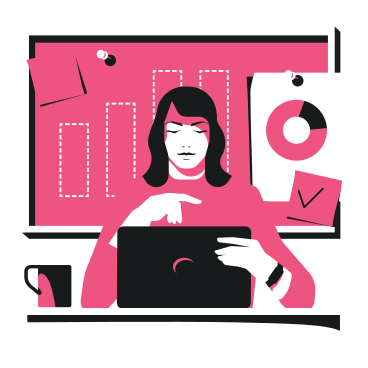 Female marketer working on laptop with analytics board in the background PNG, SVG