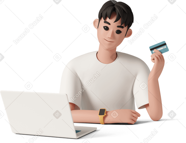 3D young man with laptop using credit card PNG, SVG