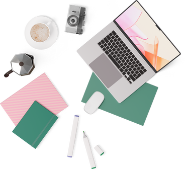Top view of laptop folder, camera, cup of coffee, notebooks and markers PNG, SVG