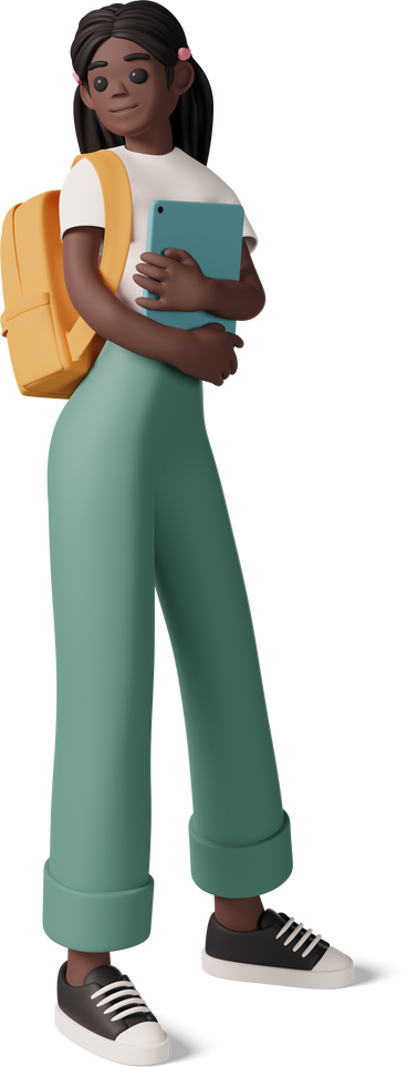 black girl with backpack on the shoulder holding tablet PNG, SVG