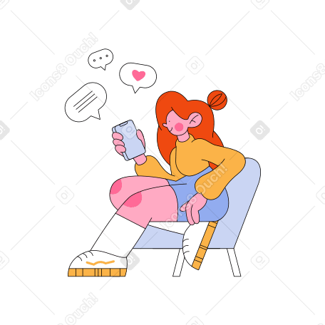Girl with phone communicates in social networks Illustration in PNG, SVG