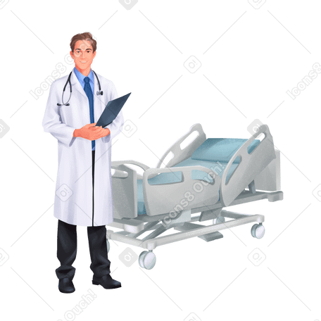 Doctor in white coat holding documents in front of a hospital bed PNG, SVG