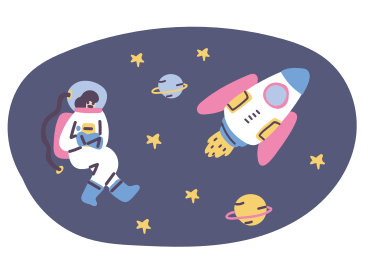 Astronaut floating in space next to planets and rocket PNG, SVG