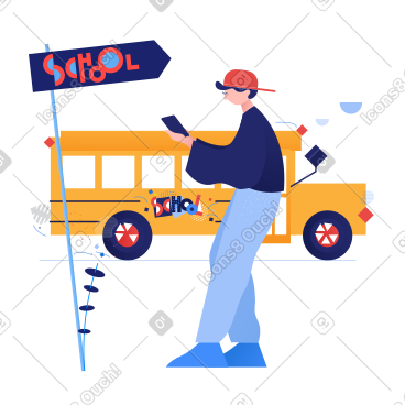 Student looking at smartphone's screen and school bus PNG, SVG