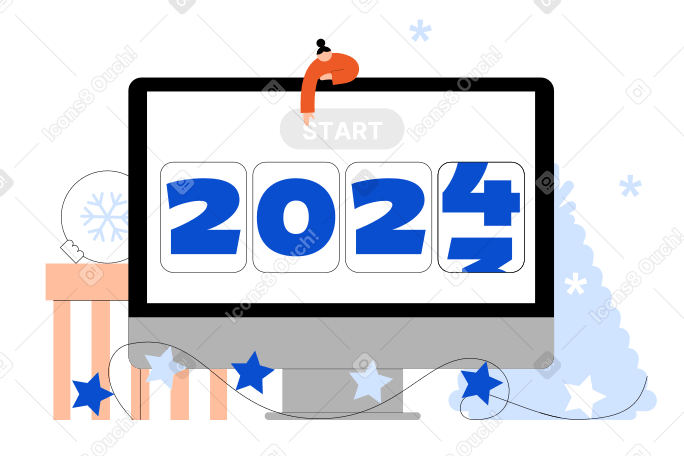 새해 카운트다운의 숫자 2024, 새해를 시작하는 젊은 여성 PNG, SVG