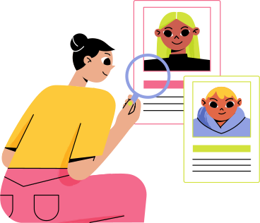 Frau sieht lebensläufe durch animierte Grafik in GIF, Lottie (JSON), AE
