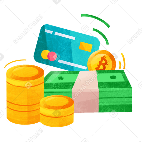 stacks of coins bills credit card and bitcoin PNG, SVG