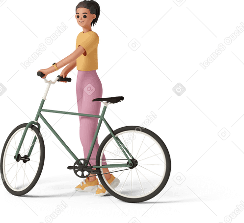 3D side view of young woman standing with bicycle  Illustration in PNG, SVG