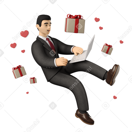 3D Busnessman with laptop looking for a romantic gift Illustration in PNG, SVG