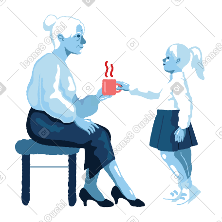 女孩给奶奶端一杯茶 PNG, SVG