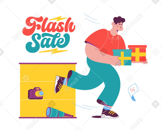 Надпись flash sale с мужчиной, несущим текст подарочных коробок в PNG, SVG
