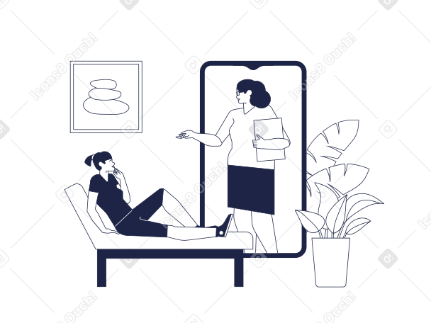 Illustration Psychologue sur écran de smartphone tenant une séance de psychothérapie en ligne avec une femme sur un canapé aux formats PNG, SVG