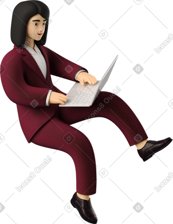 3D seated businesswoman in red suit with laptop PNG, SVG