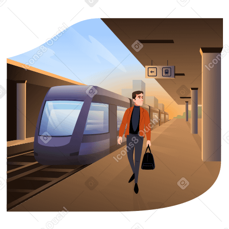 L'homme marche avec un sac à la gare PNG, SVG
