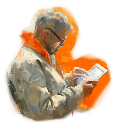 Картина маслом мужчины, использующего планшет в PNG, SVG