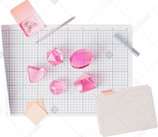3D top view of sheets of paper, glassy geometric shapes, pen, and clips PNG, SVG