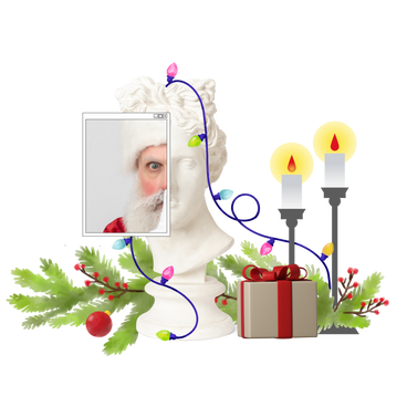 Christmas decorations and an antique male bust PNG, SVG