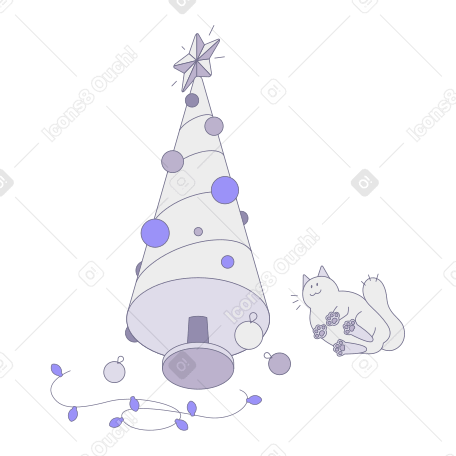 떨어진 장신구와 앉아 있는 고양이가 있는 크리스마스 트리 PNG, SVG