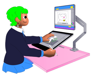 A woman animating a character PNG, SVG