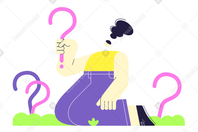 Girl sitting in the garden and holding a question mark Illustration in PNG, SVG