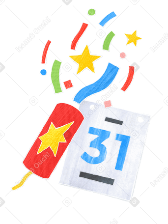 Calendar with the st date and a new year's clapper with flying confetti PNG, SVG