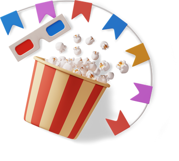 popcorn, 3d glasses and decorative flags PNG, SVG