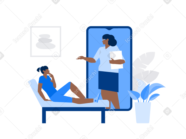 Illustration Une psychologue sur l'écran d'un smartphone mène une séance de psychothérapie en ligne avec une femme sur un canapé aux formats PNG, SVG