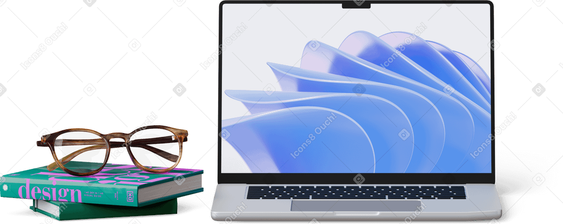 3D front view of laptop books and glasses PNG, SVG