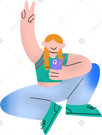 girl sitting and posing for a photo with her phone in a hand PNG, SVG