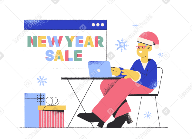 Надпись "новогодняя распродажа" в браузере с подарками в PNG, SVG