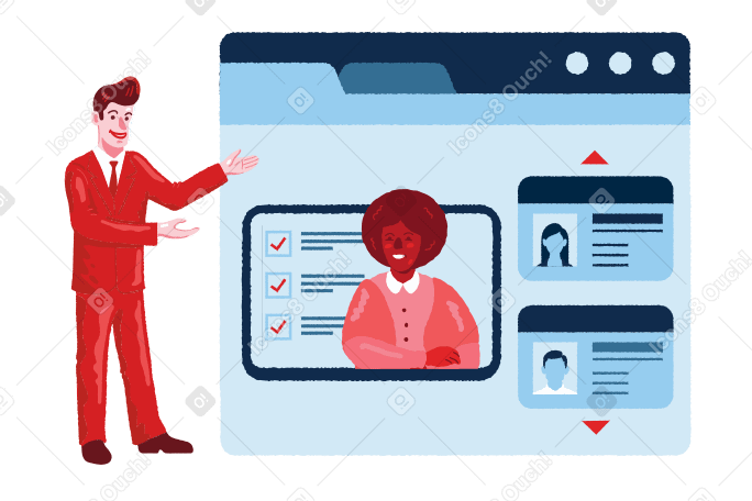 Man recruiter showing candidates in the browser window Illustration in PNG, SVG