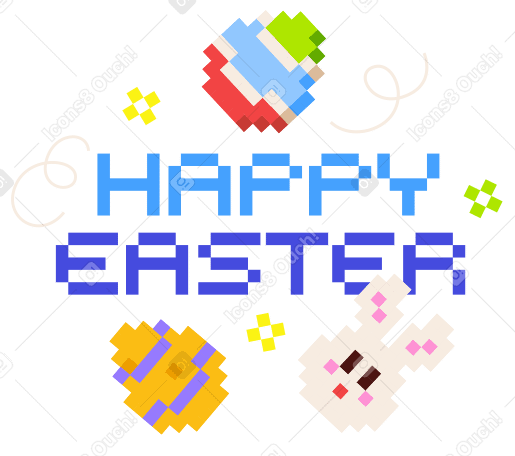 Lettering Happy Easter with eggs, bunny and stars text PNG, SVG