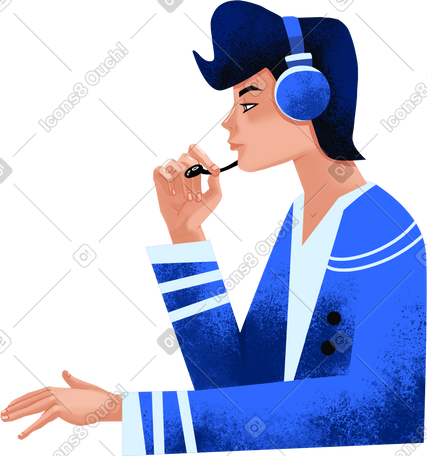 man in a blue jacket speaks into a microphone over headphones PNG, SVG