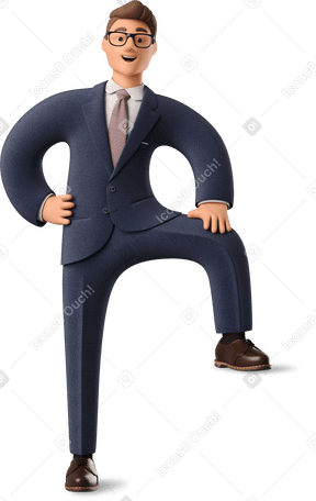 3D businessman in blue suit leaning with one leg PNG, SVG