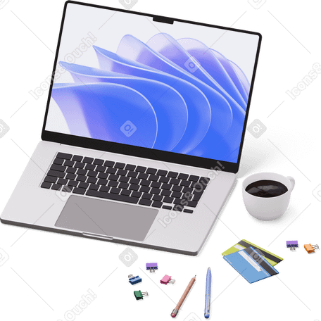 3D isometric view of laptop, credit cards and pins PNG, SVG