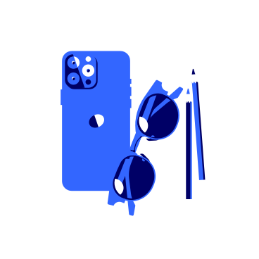 Composition of smartphone, sunglasses and pencils PNG, SVG