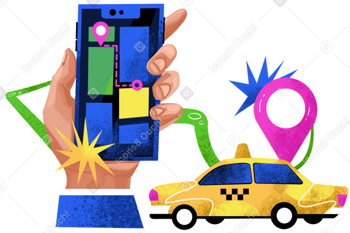 Hand calling a taxi on the mobile application Illustration in PNG, SVG