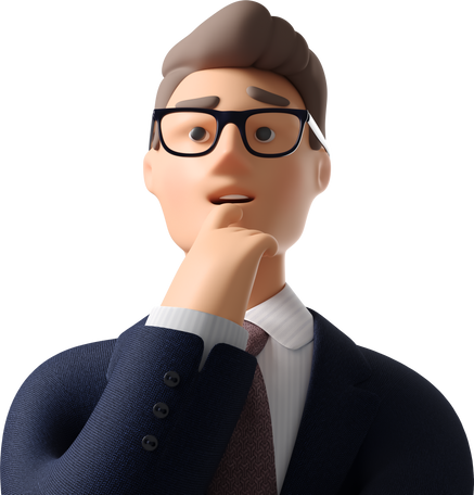 3D close up of pondering businessman in dark blue suit Illustration in PNG, SVG