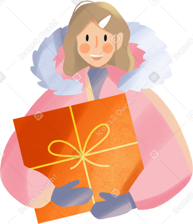girl in a pink winter jacket with an orange gift Illustration in PNG, SVG