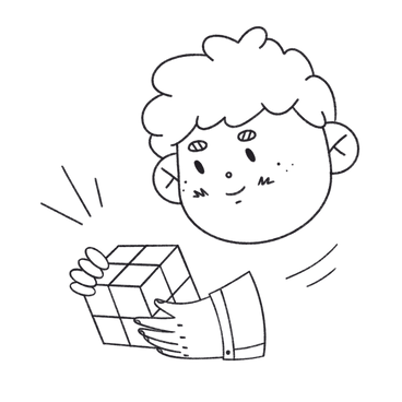 Ребёнок собирает кубик рубика в PNG, SVG