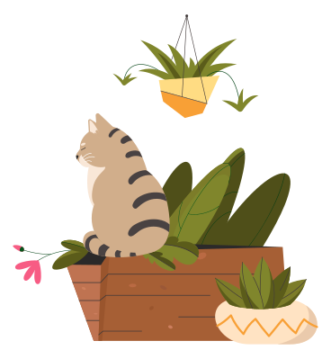 Striped cat sits in a box and crumples plants PNG, SVG