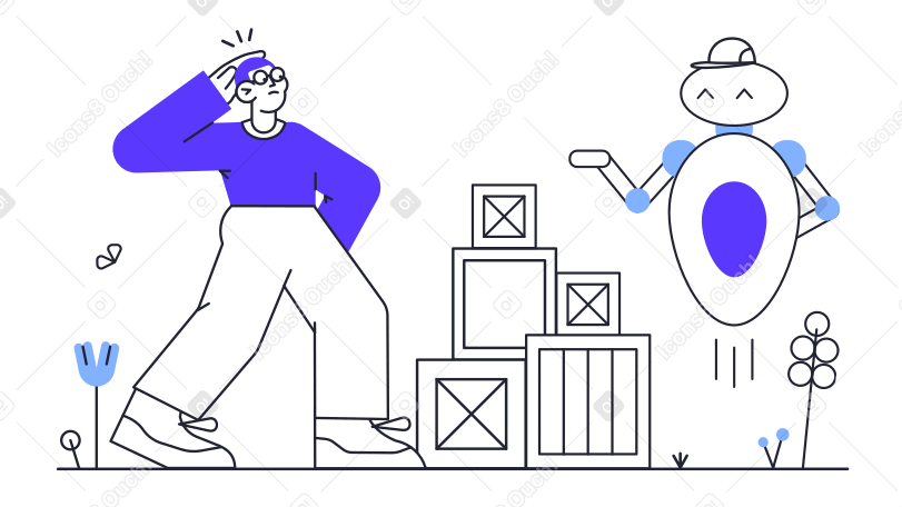 Surprised guy stands by the boxes and the robot Illustration in PNG, SVG