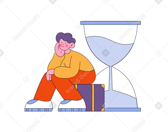 Man sitting on a suitcase near a huge hourglass Illustration in PNG, SVG
